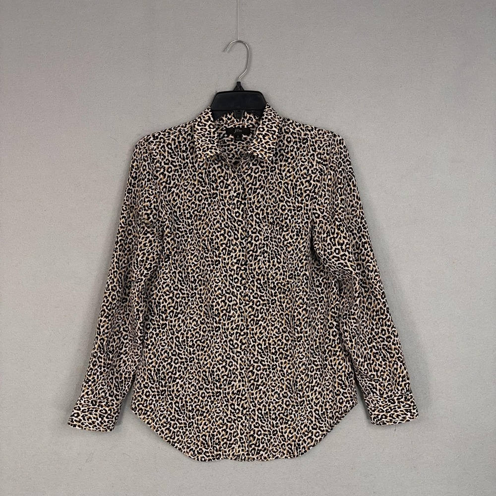 J Crew Shirt Womens 2 Brown Leopard Print 100% Silk Luxury Mob Wife Feminine
